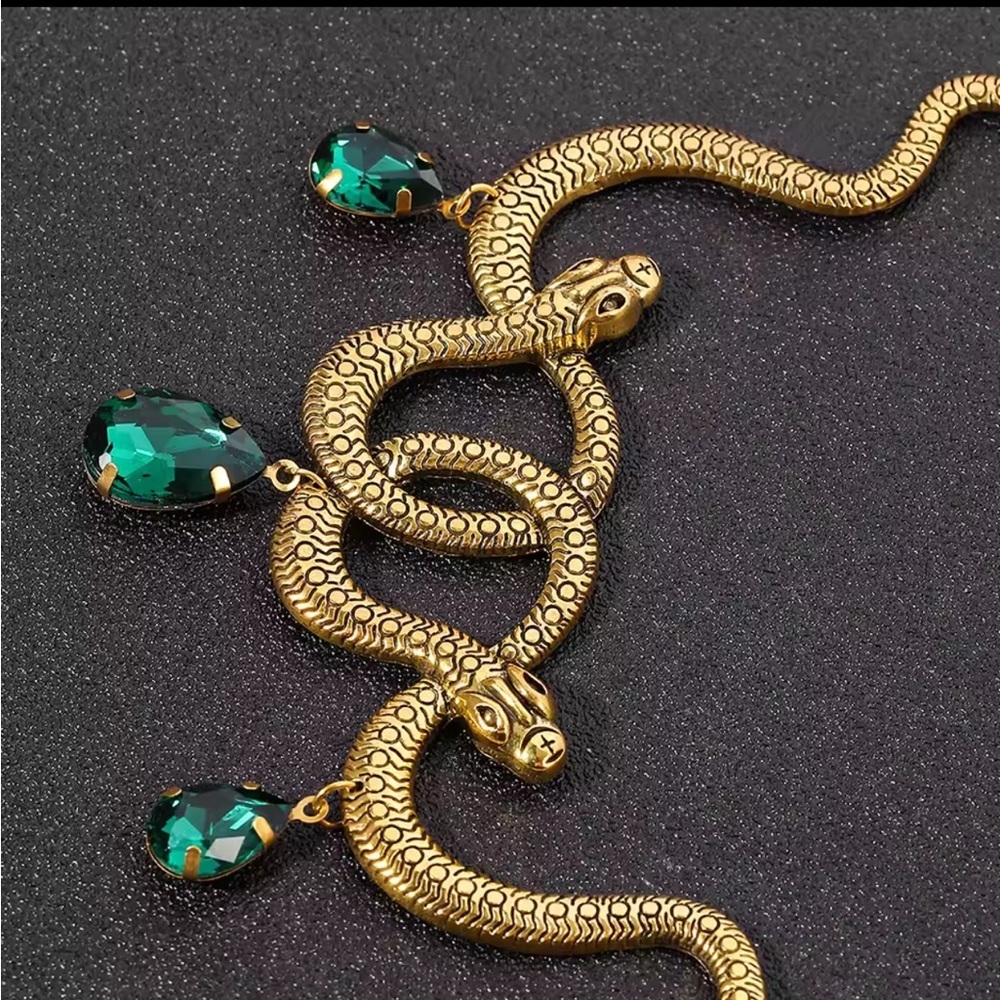 New Vintage Gold Serpent Snake Necklace with Green Accents